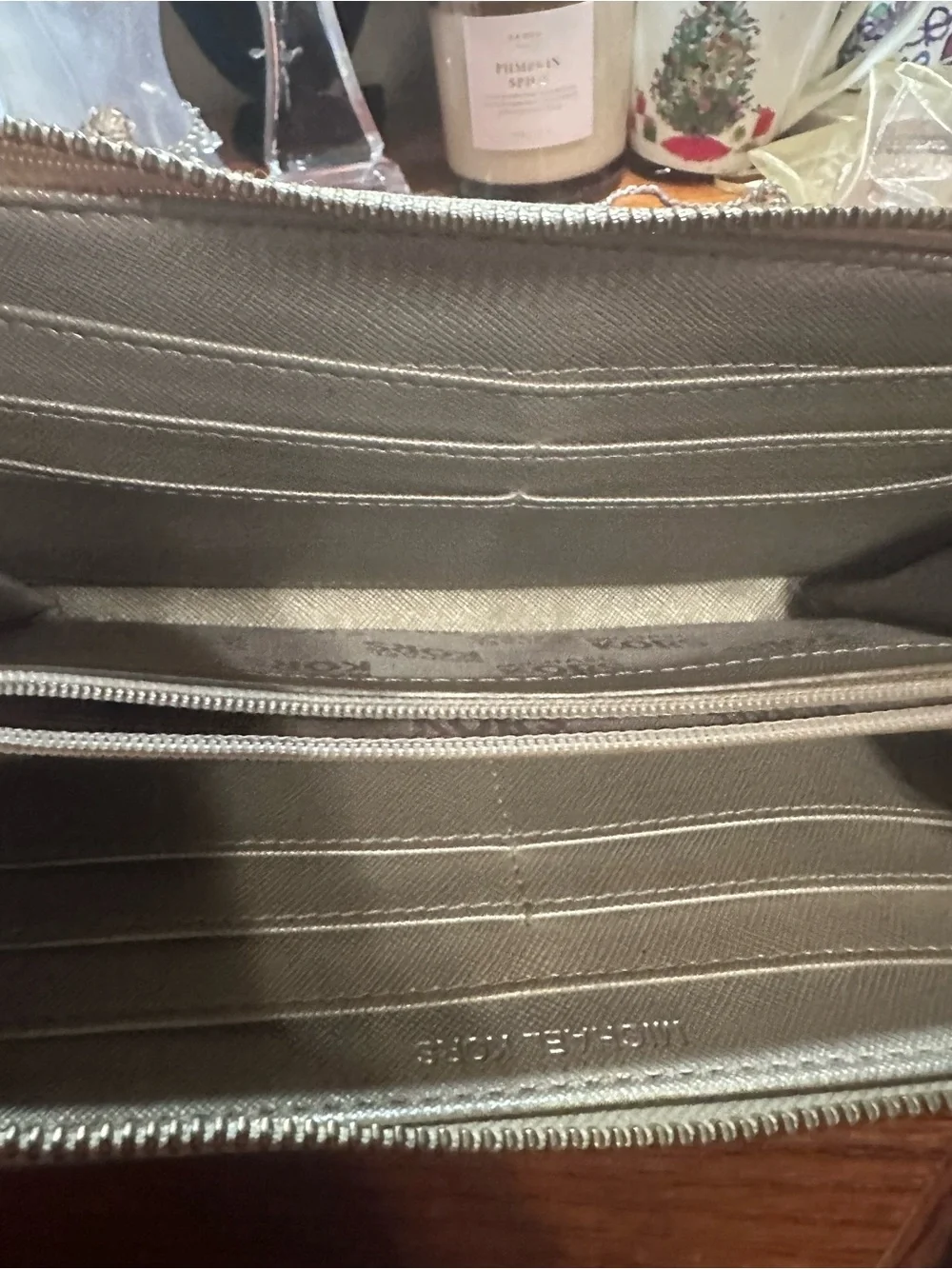 Michael Kors Metallic Gold MK Logo Zip Around Wallet GUC